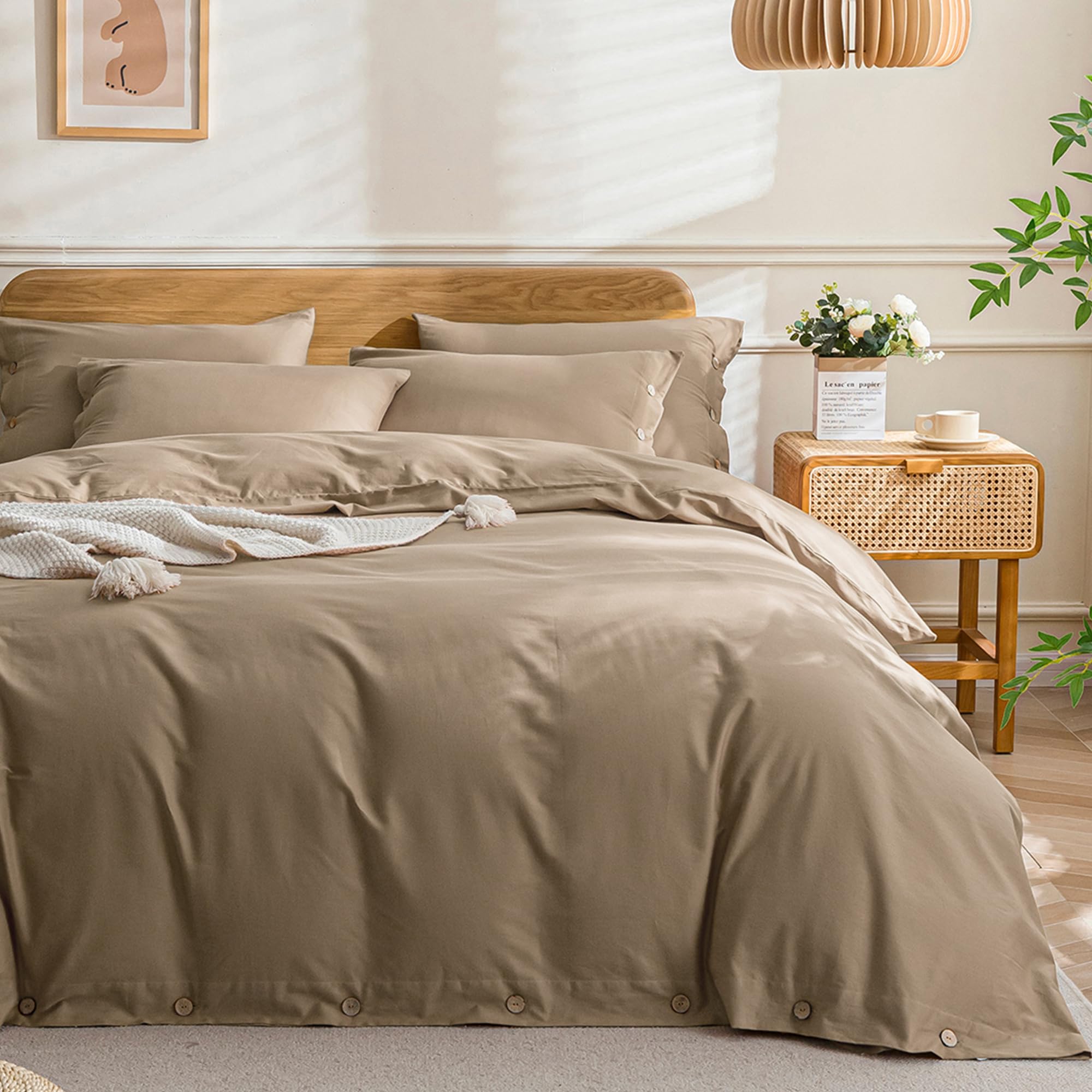 Jellymoni Khaki Duvet Cover California King - 100% Washed Cotton Linen Like Textured Comforter Cover, 3 Pieces Breathable Soft B